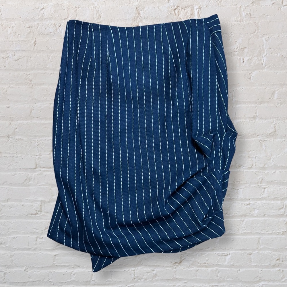 Eva Franco Navy Pinstripe Pencil Skirt with Ruffle Detail - Picture 2 of 9